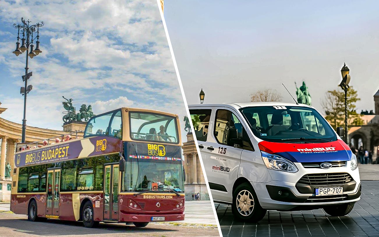 Budapest Big Bus tour and airport shuttle van at Heroes' Square.