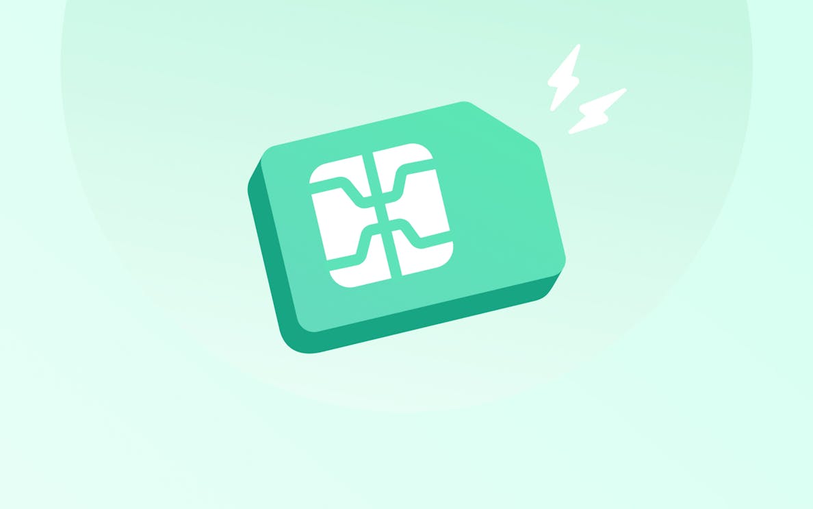 eSIM graphic icon with signal lines on a green background