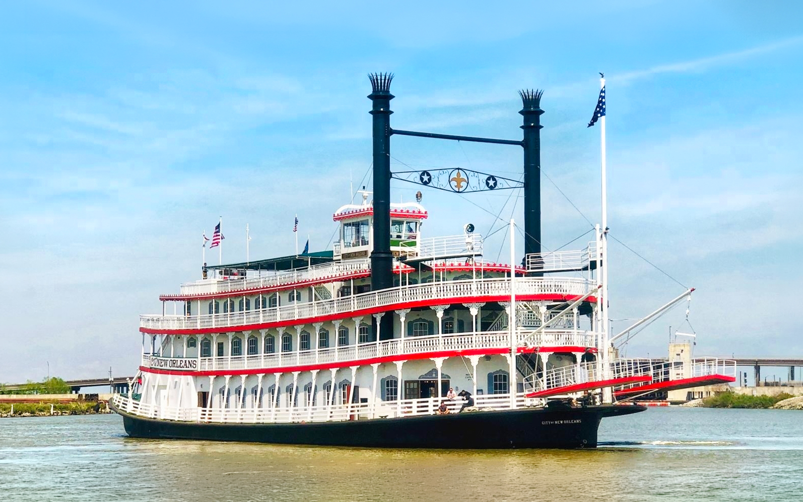 Riverboat City of New Orleans cruising on the Mississippi River.