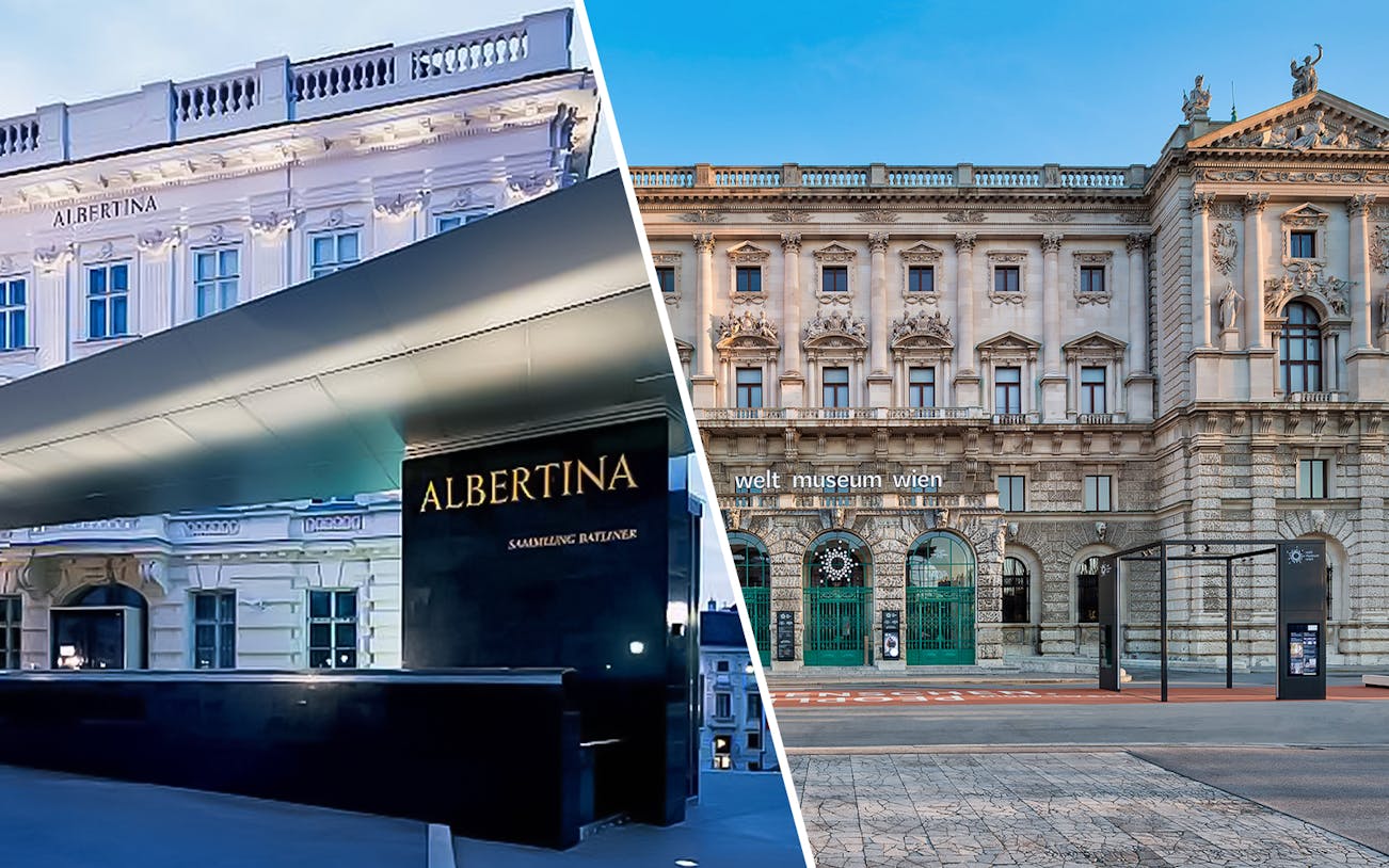 Albertina Museum and Weltmuseum Wien facades in Vienna.