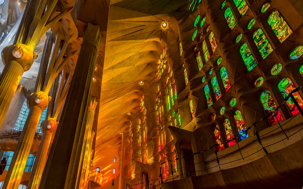 Colorful stained glass windows inside Sagrada Familia, Barcelona.