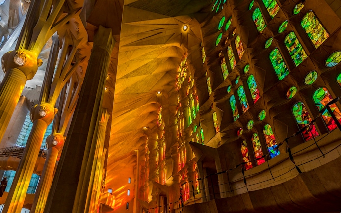 Colorful stained glass windows inside Sagrada Familia, Barcelona.