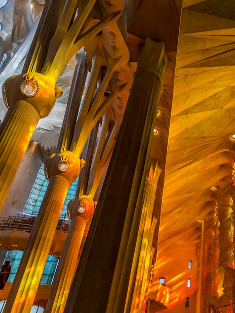 Colorful stained glass windows inside Sagrada Familia, Barcelona.