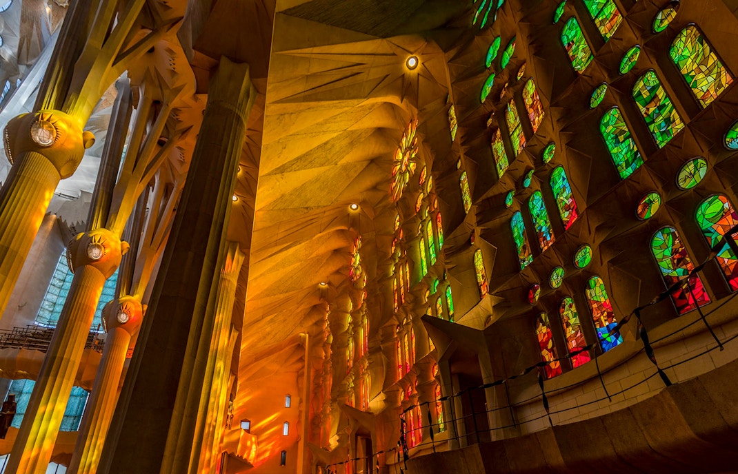Colorful stained glass windows inside Sagrada Familia, Barcelona.