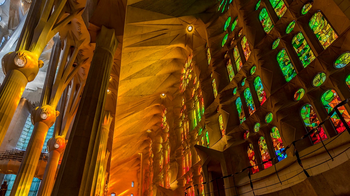 Colorful stained glass windows inside Sagrada Familia, Barcelona.