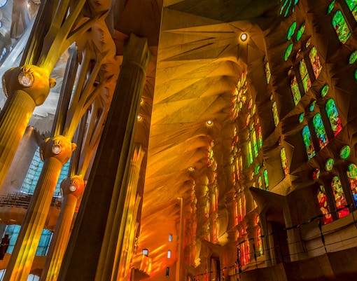 Colorful stained glass windows inside Sagrada Familia, Barcelona.