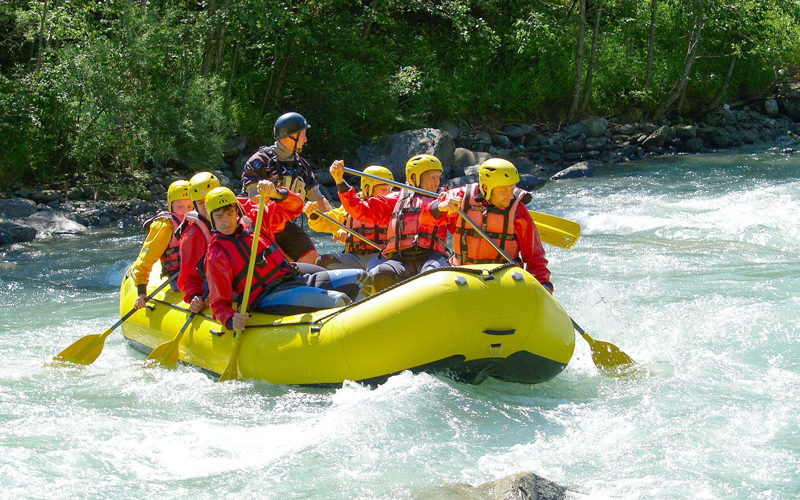 Group rafting through whitewater in a lush rainforest river.