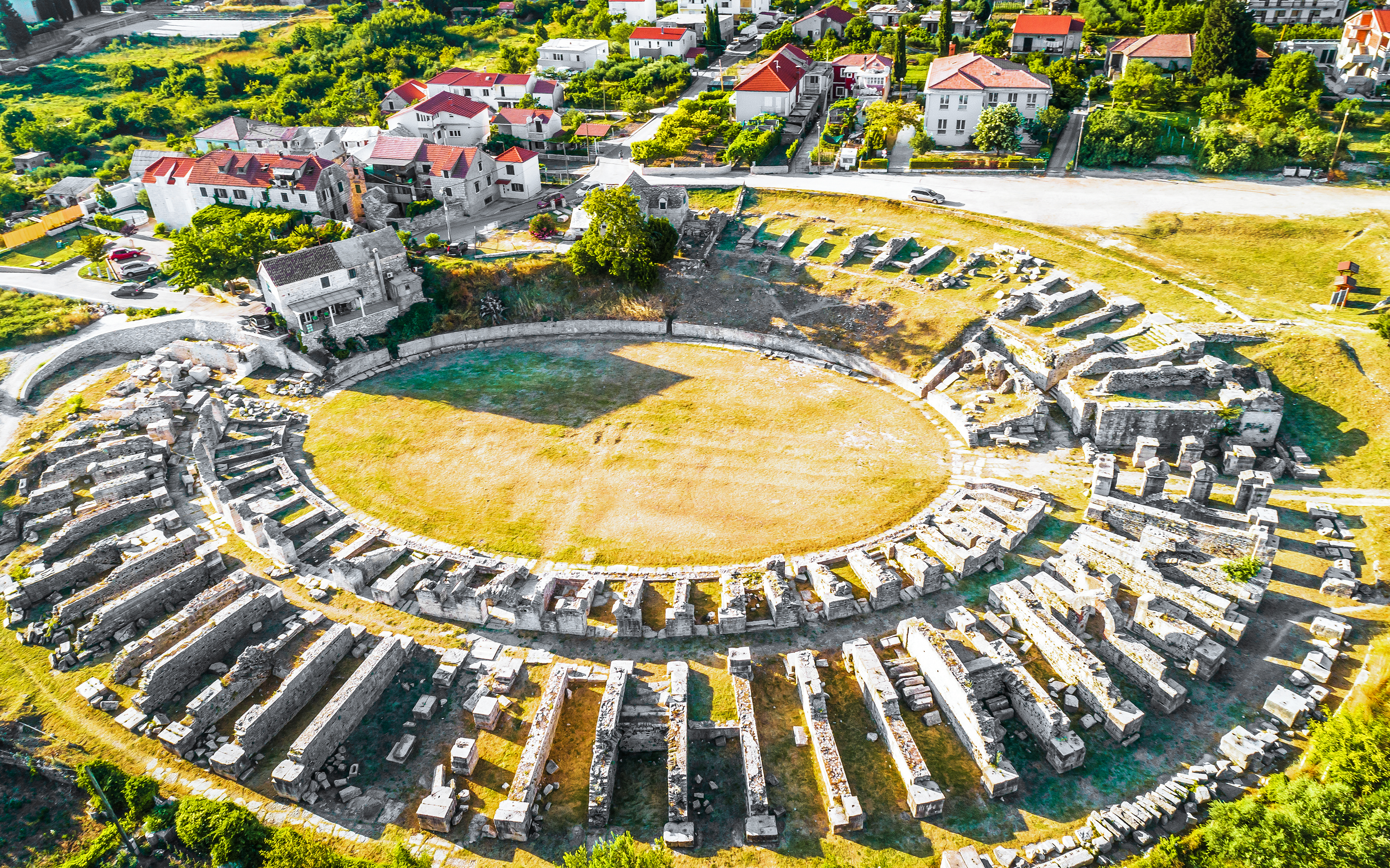 Ancient Roman amphitheater ruins aerial view, Solin, Croatia.