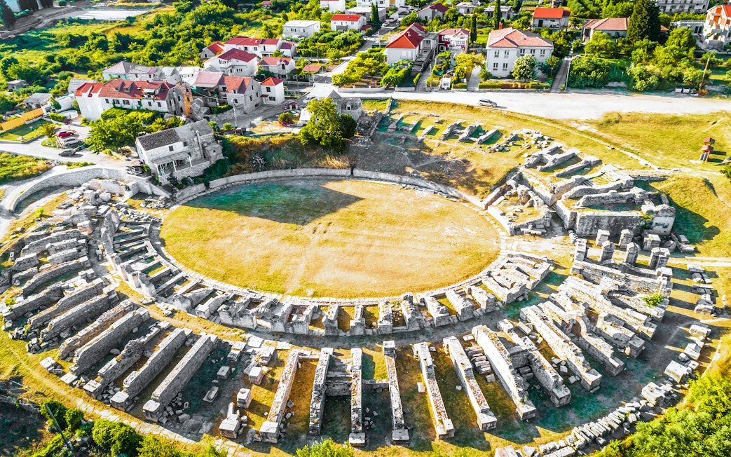 Ancient Roman amphitheater ruins aerial view, Solin, Croatia.