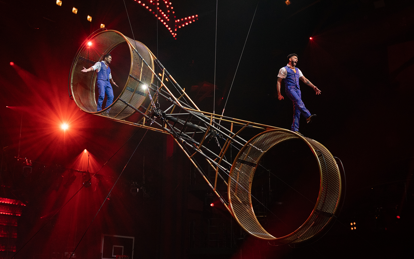 Performers on a rotating wheel at Mad Apple show, Las Vegas.