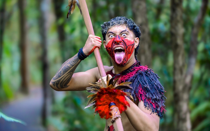 Warrior performing traditional challenge with face paint and spear in forest setting.