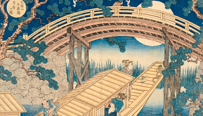 Japanese block print of a moonlit bridge scene, National Gallery of Victoria.