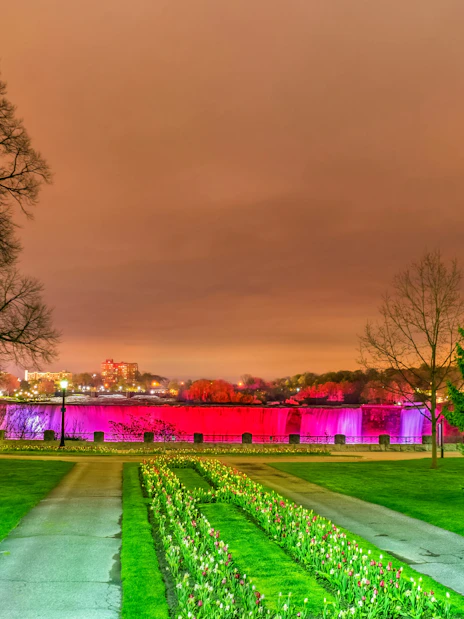 Niagara Falls illuminated at night, viewed from Queen Victoria Park, Canada.