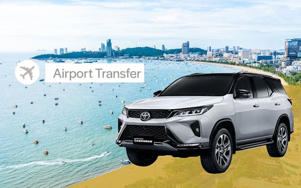 Pattaya beach view with private airport transfer car and sim card offer.