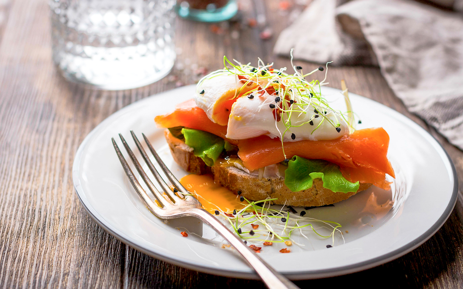 A salmon and Poached Egg breakfast sandwich