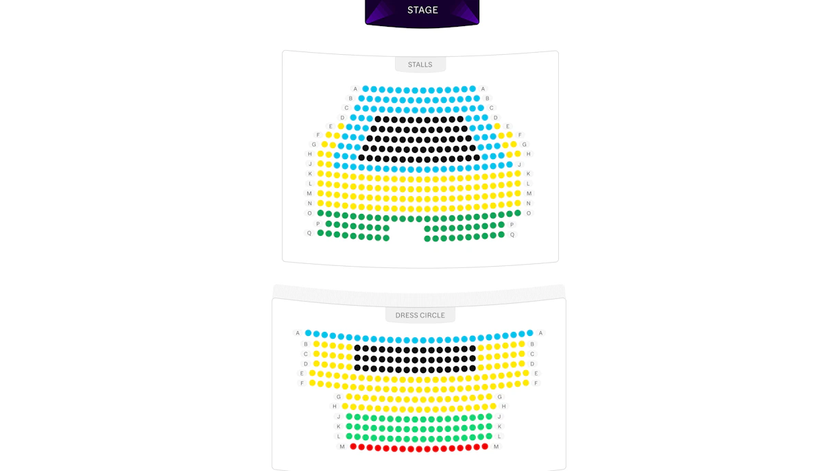 Seating chart for theater stalls and dress circle sections.