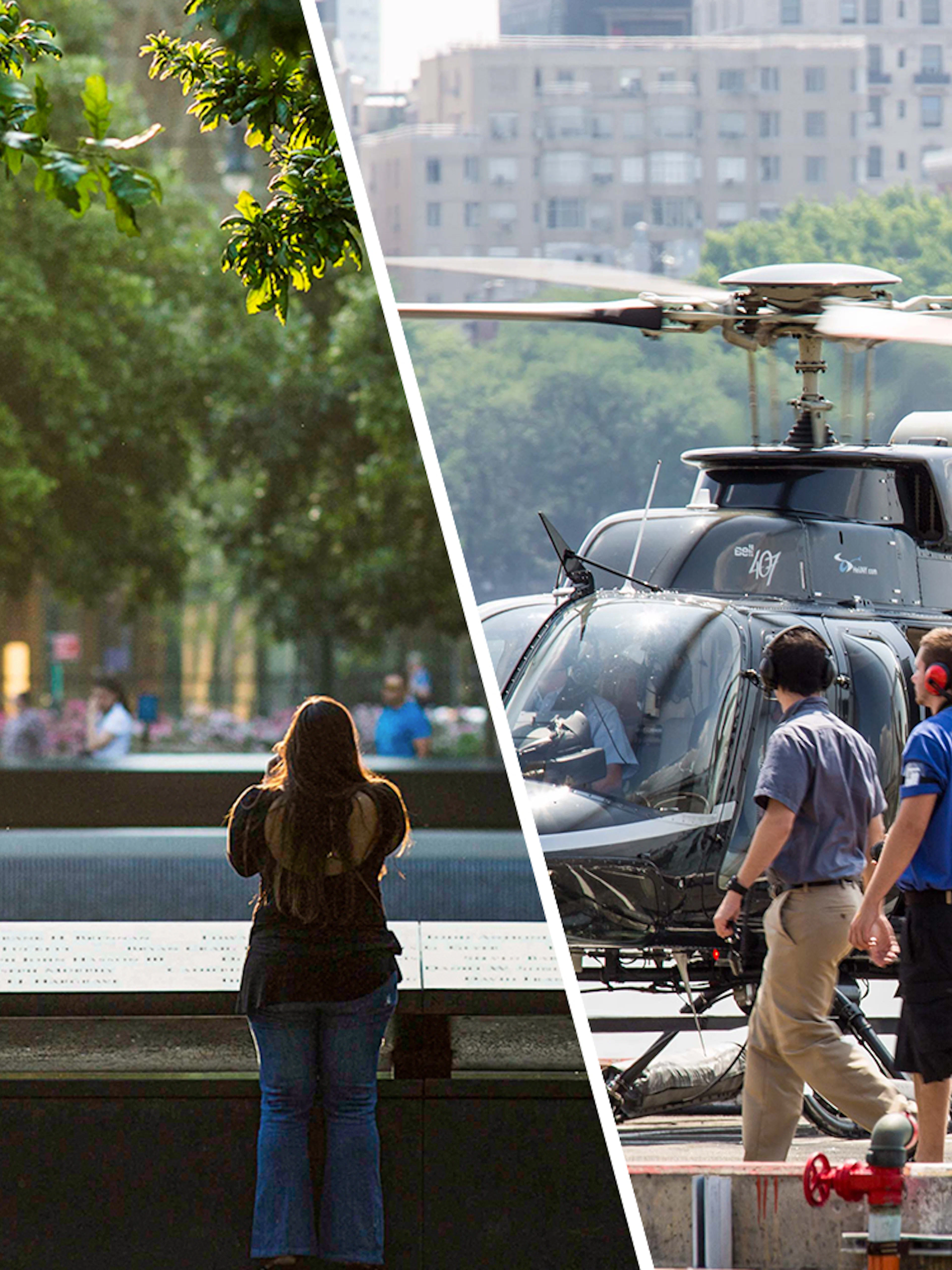 #9/11 Memorial visitors and people boarding a helicopter for a NYC aerial tour.