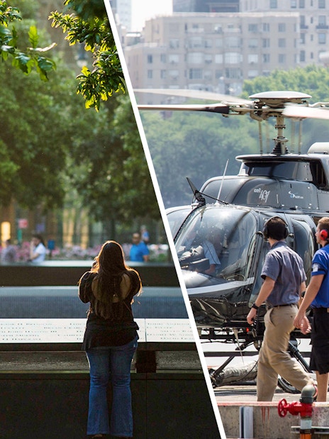 9/11 Memorial visitors and people boarding a helicopter for a NYC aerial tour.