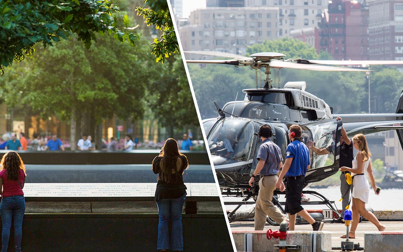 9/11 Memorial visitors and people boarding a helicopter for a NYC aerial tour.