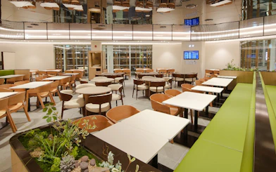 Plaza Premium Lounge interior with seating and greenery, South Korea.
