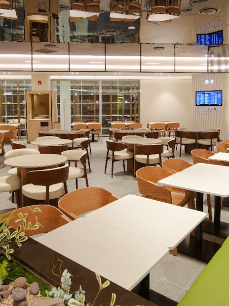 Plaza Premium Lounge interior with seating and greenery, South Korea.