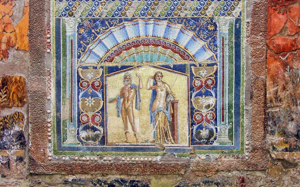 Ancient fresco depicting mythological figures in Campania region.