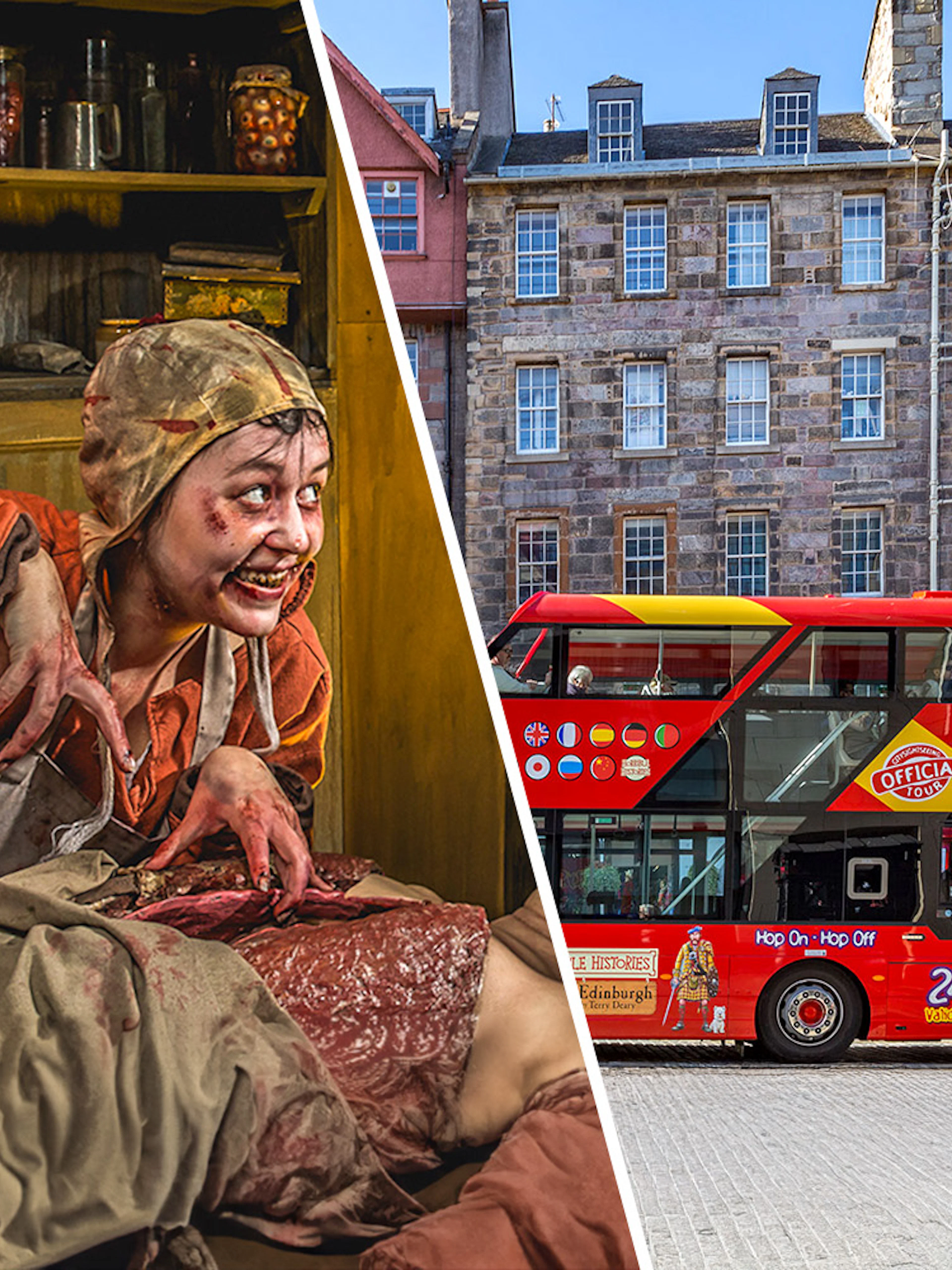 Dr Knox's Anatomy Theatre actor at Edinburgh Dungeon and red Hop-On Hop-Off bus in Edinburgh.