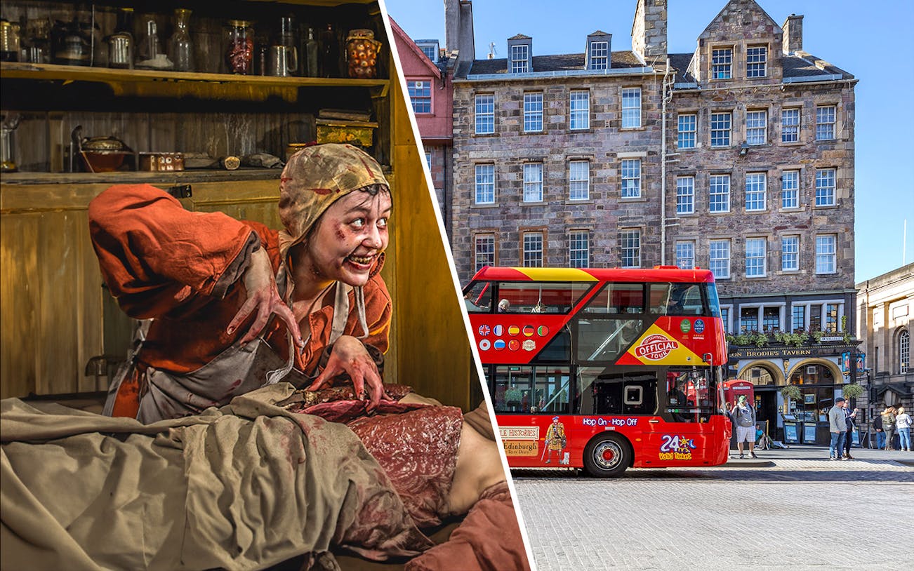 Dr Knox's Anatomy Theatre actor at Edinburgh Dungeon and red Hop-On Hop-Off bus in Edinburgh.