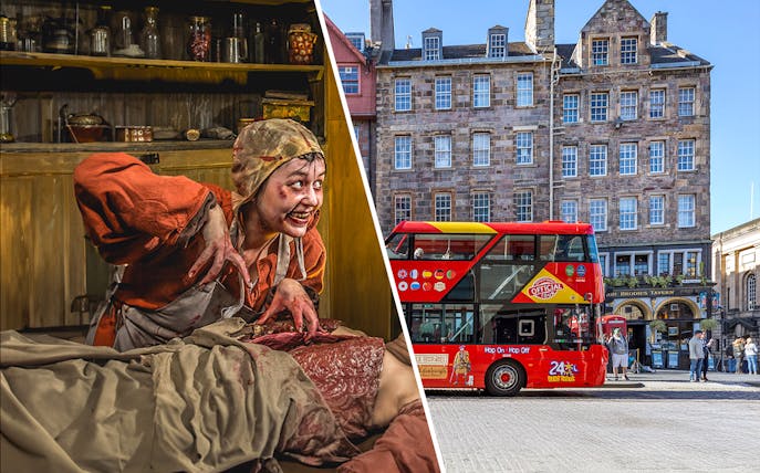 Dr Knox's Anatomy Theatre actor at Edinburgh Dungeon and red Hop-On Hop-Off bus in Edinburgh.