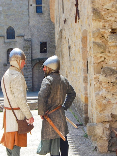 People in knights costume at medieval Carcassonne, France.