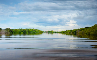 Adelaide River with lush greenery under a cloudy sky, Northern Territory.