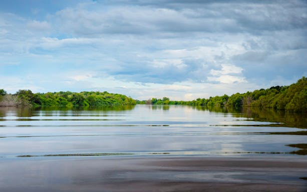 Adelaide River with lush greenery under a cloudy sky, Northern Territory.