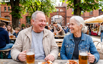 Couple enjoying beer and pretzels at an outdoor table during Berlin Oktoberfest walking tour.