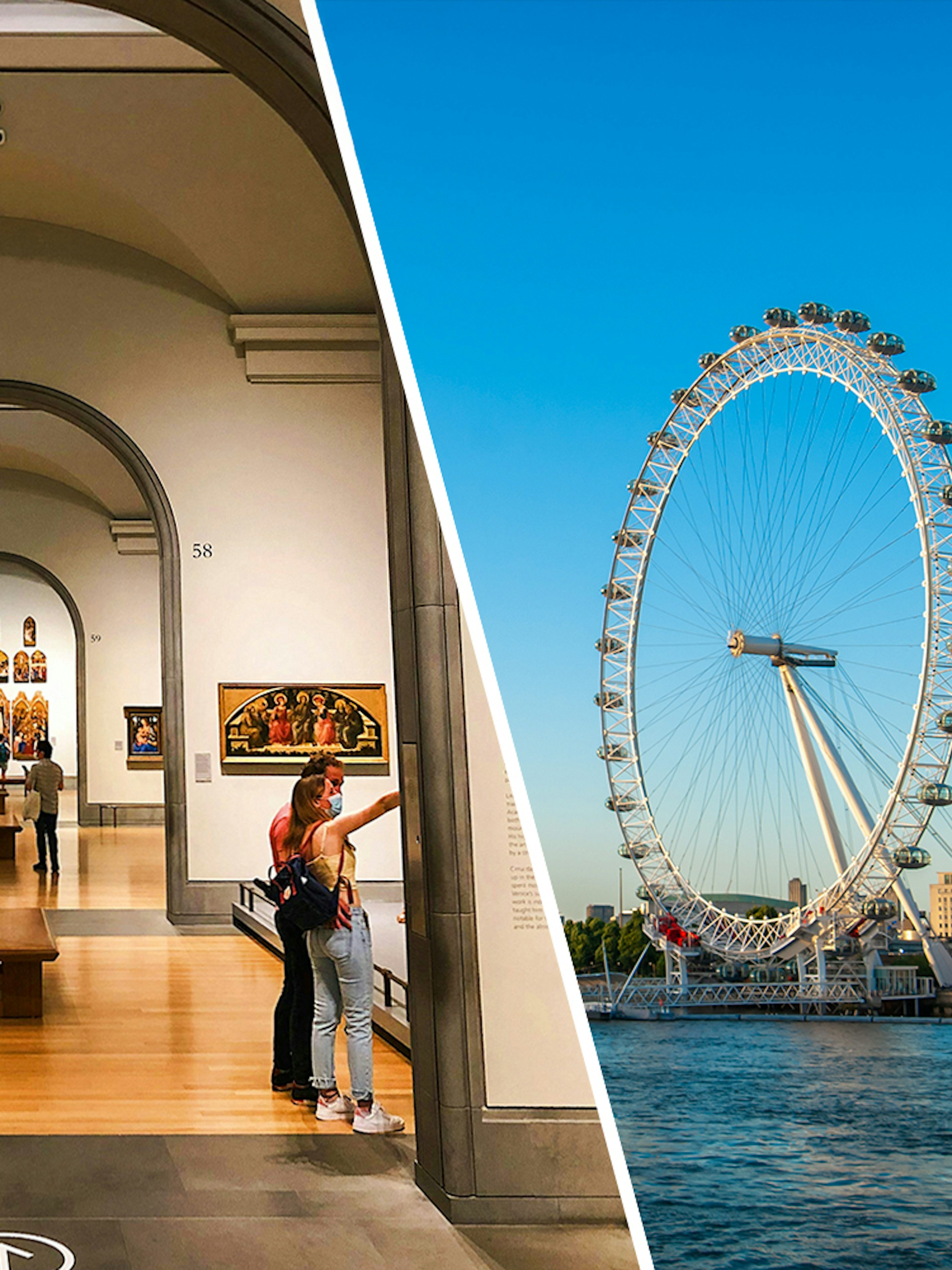 National Gallery interior and London Eye on the Thames in London.