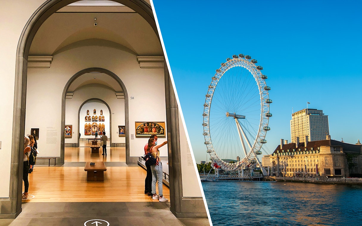 National Gallery interior and London Eye on the Thames in London.