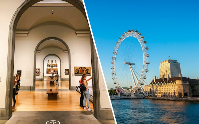 National Gallery interior and London Eye on the Thames in London.