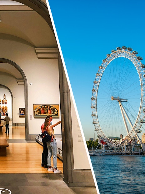 National Gallery interior and London Eye on the Thames in London.