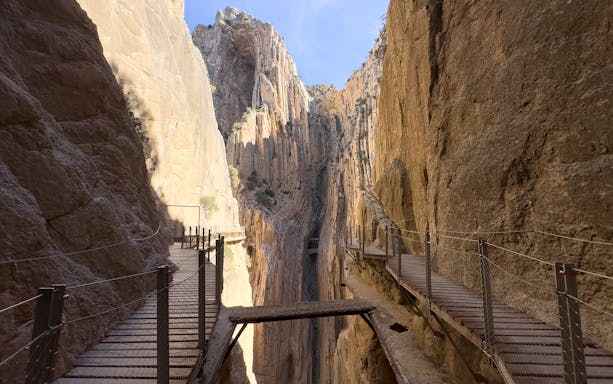 Caminito del Rey walkway through narrow gorge on day trip from Malaga.