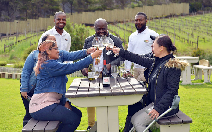 Group toasting with wine at a picnic table in Constantia vineyard, Cape Town.