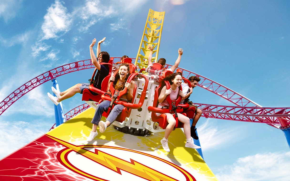 Visitors enjoying a roller coaster ride at Warner Bros Movie World, Gold Coast.