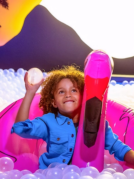 Guests playing in a ball pit at Dopamine Land with inflatable flamingo.