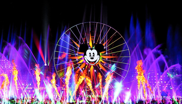 World of Color show with Mickey Ferris wheel at Disneyland Adventure Park, California.