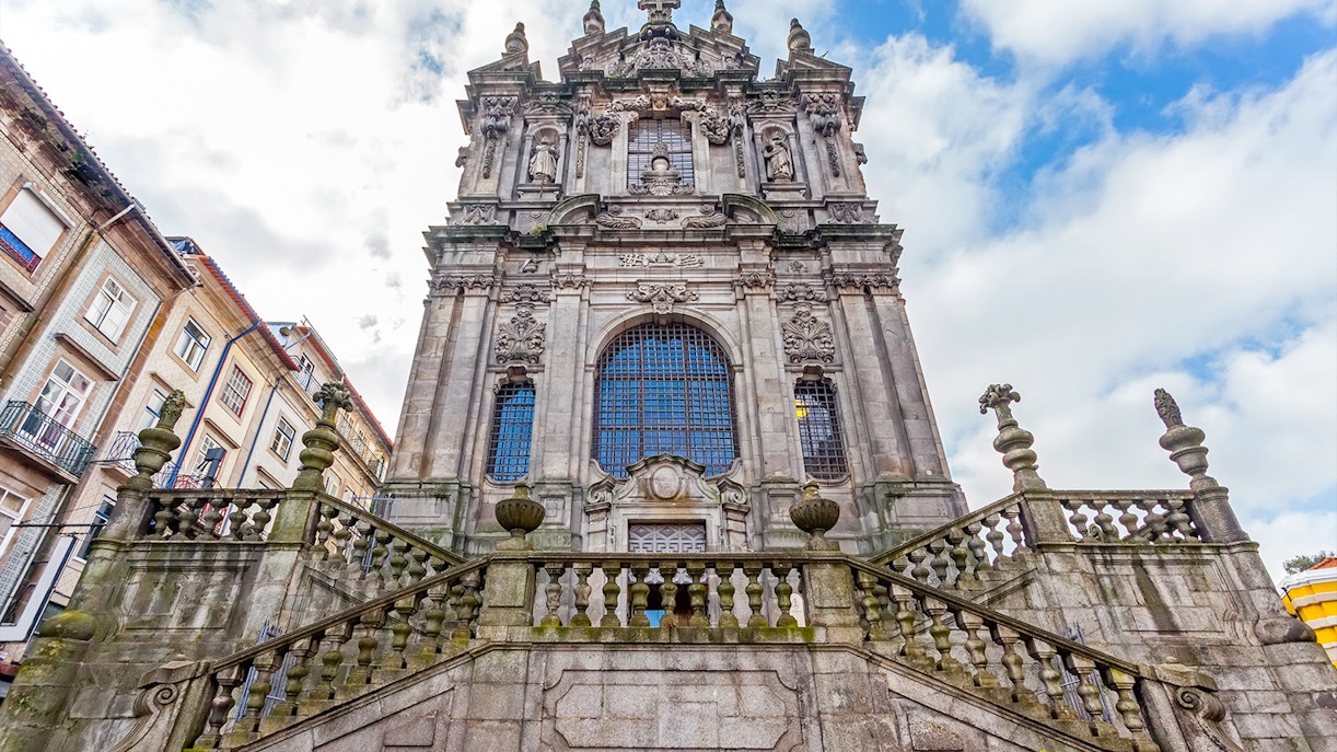 Clérigos Church facade in Porto, Portugal, showcasing baroque architecture.