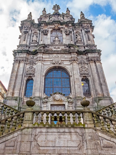 Clérigos Church facade in Porto, Portugal, showcasing baroque architecture.