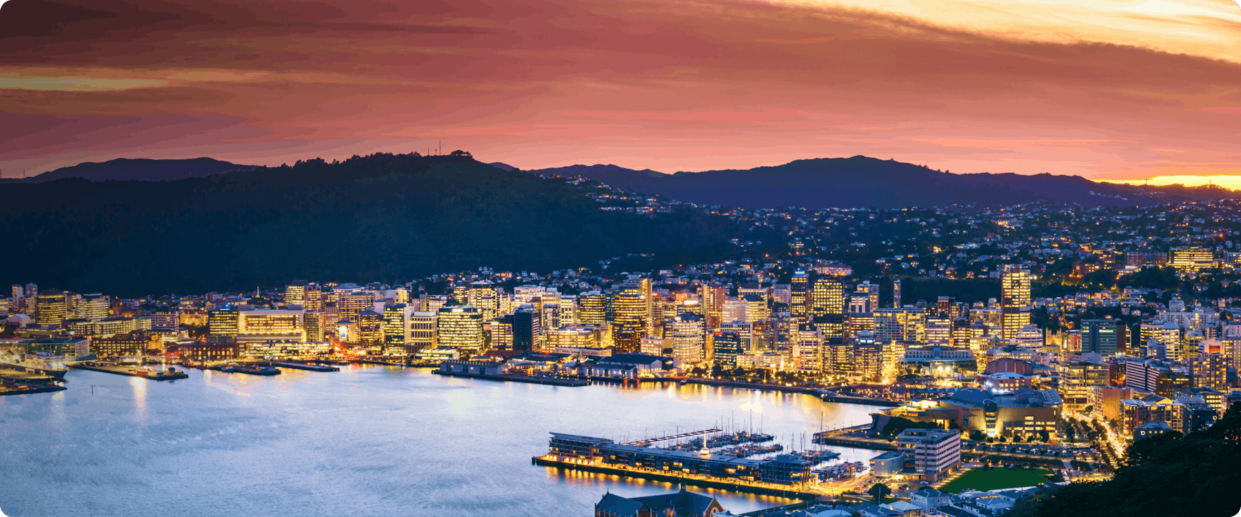 Wellington cityscape at sunset with illuminated buildings and waterfront.