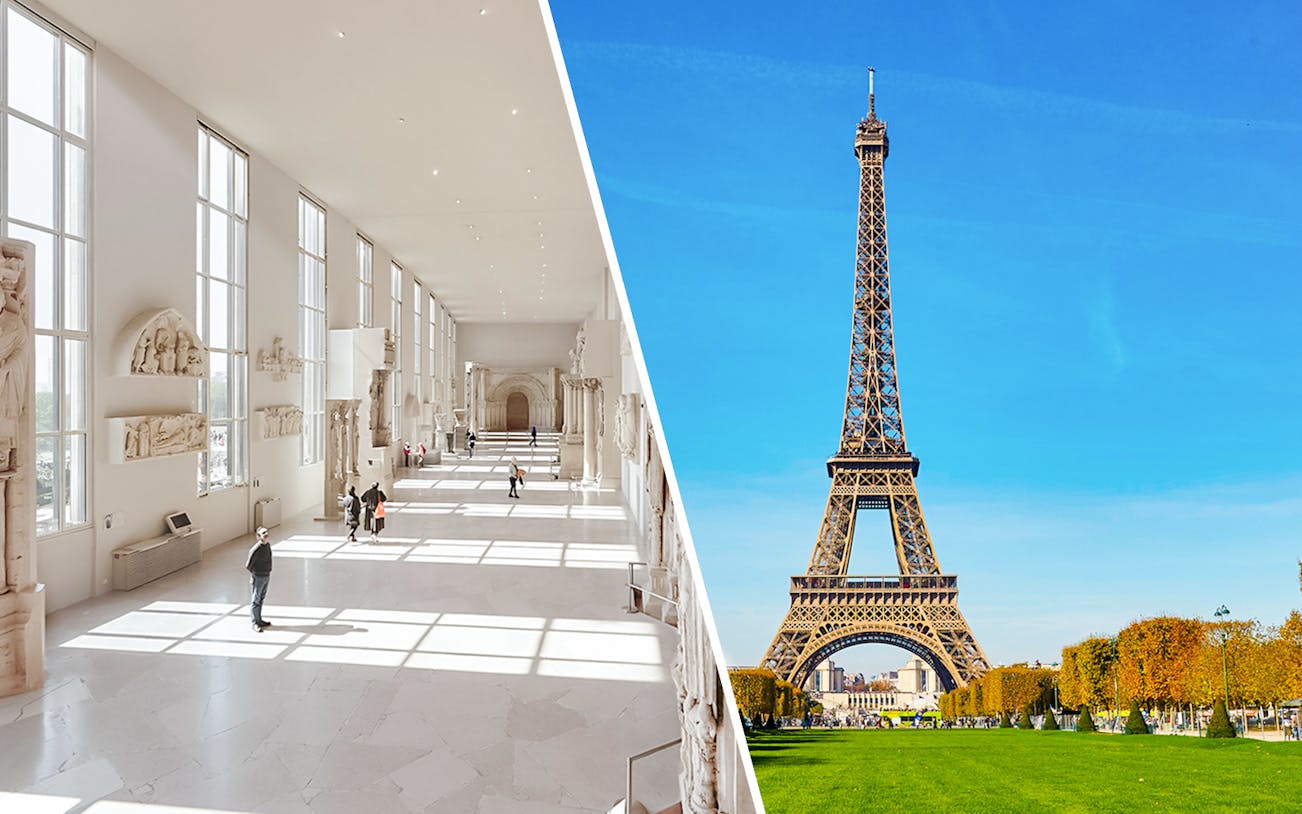 Notre-Dame de Paris exhibition hall and Eiffel Tower summit view in Paris.