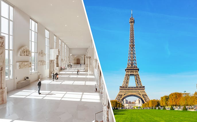 Notre-Dame de Paris exhibition hall and Eiffel Tower summit view in Paris.