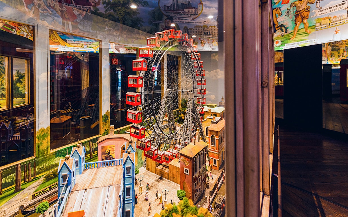 Model of Ferris wheel and historic buildings at The Wheel of History ‘Panorama’ exhibition.