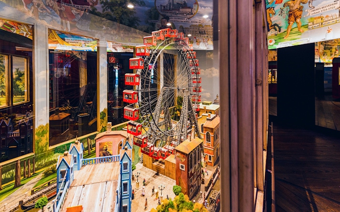 Model of Ferris wheel and historic buildings at The Wheel of History ‘Panorama’ exhibition.