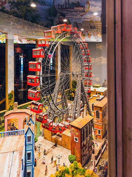 Model of Ferris wheel and historic buildings at The Wheel of History ‘Panorama’ exhibition.